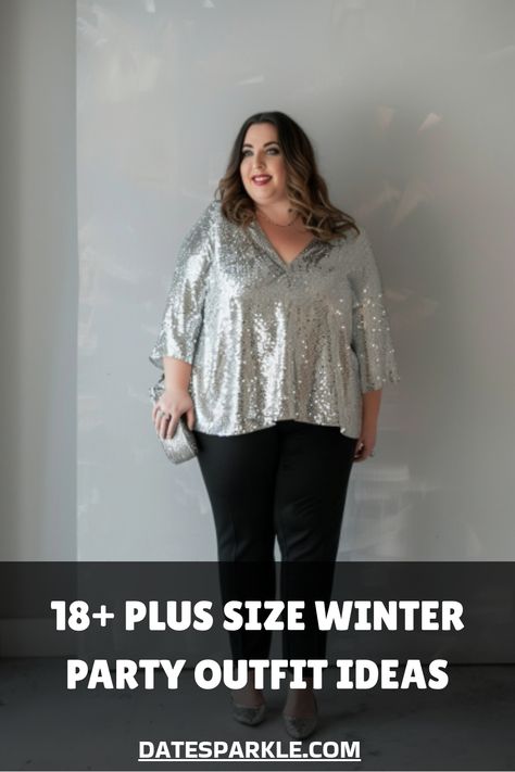 Woman in a silver sequin top and black pants, promoting plus size winter party outfit ideas. Christmas Concert Outfit Plus Size, Company Holiday Party Outfit Plus Size, New Years Eve Outfit Plus Size, Sequin Cami Outfit, Winter Gala Outfit, Plus Size Winter Outfits Dressy, Company Holiday Party Outfit, Comfy Christmas Outfits, Winter Party Outfits