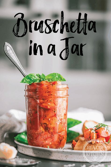 Impress your friends with my Easy Tomato Bruschetta in a Jar Recipe. The fresh taste of ripe tomatoes mixed with garlic, oregano, and basil couples perfectly with the tang of balsamic vinegar to pack a lot of flavor in each jar. And when you put up a batch for your pantry (via home canning) you'll always have the taste of fresh picked tomatoes no matter what time of year! Bruschetta In A Jar, Canned Tomato Recipes, Tomato Bruschetta Recipe, Bruschetta Toppings, Canning Food Preservation, Tomato Bruschetta, Bruschetta Recipe, Canning Tomatoes, Home Canning