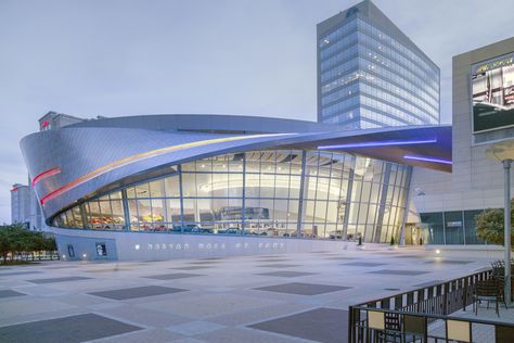 The new NASCAR Hall of Fame in Charlotte, North Carolina includes a mobius strip-styled stainless steel roadway racing around its perimeter, made by Zahner. Nascar Hall Of Fame, Metal Panels Facade, Panel Facade, Facade System, Mobius Strip, Facade Panel, Metal Facade, Hiking Trips, Flat Seam