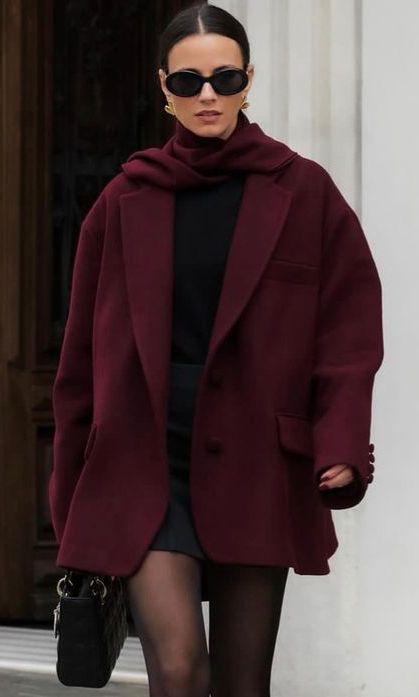 Burgundy Professional Outfit, Fall Outfits 2024 Cherry Red, Burgundy Accent Outfit, Jewel Color Outfits, Cherry Color Outfit, Maroon Blazer Outfits For Women, Dark Red Blazer Outfit, Cherry Red Outfit Aesthetic, Cherry Red Fall Outfit