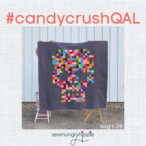 We are SEW excited to partner with #Janome Maker @sewhungryhippie for the amazing Candy Crush Quilt Along starting August 1st and finishing up on August 29th! You can meet new sewing friends, get expert tips on on how to make this quilt each week through zoom meetings, and also live Facebook and Instagram events! You can also win great prizes including one grand prize for a finsihed quilt top of a Janome Sewist 721!!! (this giveaway is only open to U.S. Citizens over the age of 18) Skull Quilt Pattern, Jelly Roll Quilts, Skull Quilt, Quilt Magazine, Jellyroll Quilts, Halloween Quilts, Tote Pattern, Mini Quilt, Jelly Roll