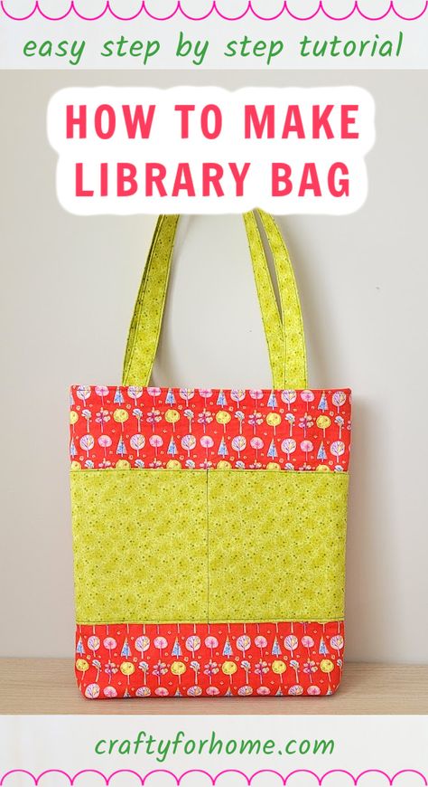 Red and green fabric tote bag with pocket. Library Bag Sewing Pattern, Book Bag Patterns To Sew, How To Make A Book Bag, Library Bag Pattern, Diy Book Bag Pattern, Book Bag Pattern Free, Hand Sew Bag, Quilted Book Bag, Library Book Bags For Kids