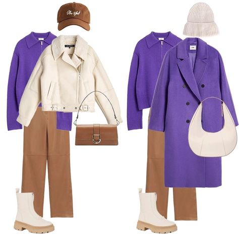 Tan And Purple Outfit, Long Purple Coat Outfit, Purple Winter Outfit Aesthetic, Beige And Purple Outfit, Purple And Cream Outfit, Purple And Beige Outfit, Purple Coat Outfit Winter, Purple Coat Outfit, Outfits Colourful