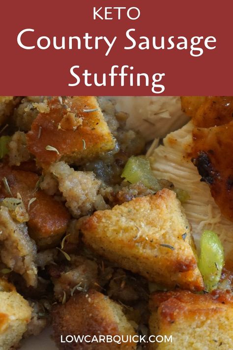 The ULTIMATE holiday keto comfort food: herbed stuffing with sausage, cranberries, onion and celery. This deliciously seasoned stuffing is made from a delicious keto crouton base and infused with a buttery chicken broth. #ketothanksgiving #ketostuffing #lowcarbthanksgiving #ketodressing #lowcarbdressing Keto Stuffing Recipes, Make Ahead Stuffing, Stuffing With Sausage, Eating Cheap, Low Carb Dressing, Keto Comfort Food, Keto Stuffing, Stuffing Thanksgiving, Sausage Stuffing Recipe