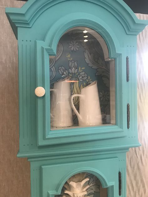 Shelves Makeover, Repurposed Grandfather Clock, Altered Clocks, Shelf Makeover, Mackenzie Childs Inspired, Grandfather Clocks, Diy Chalk, Paint Line, Fusion Mineral Paint