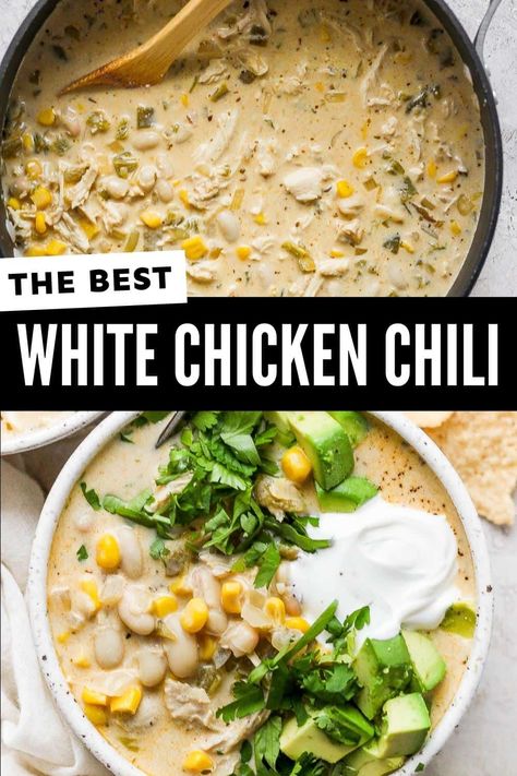 This white chicken chili is a hearty and creamy soup mixed with shredded chicken, beans, and cream cheese. It's ready in only 30 minutes! Spicy White Bean Chicken Chili, Spicy White Chicken Chili, White Chicken Chili Soup, White Chicken Chilli, Chicken Chili Soup, Chicken Beans, White Chicken Chili Slow Cooker, White Chicken Chili Recipe, White Bean Chicken Chili