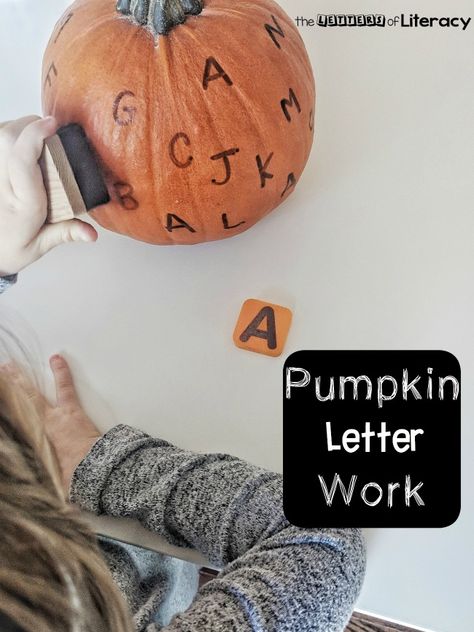 Easy DIY Pumpkin Alphabet Activity for pre-K and Kindergarten! Grab a pumpkin and some dry erase markers or stamps for an instant literacy activity! #alphabet #pumpkin #literacy #preschool #kindergarten Pumpkin Literacy Activities Preschool, Pumpkin Name Writing Activity, Pumpkin Manipulatives Preschool, Pumpkin Abc Activities, Pumpkin Alphabet Activities, Pumpkin Activities Kindergarten, Pumpkin Literacy, Halloween Kindergarten Activities, Pumpkin Activities Preschool