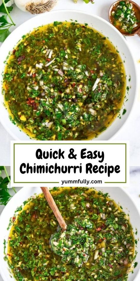 Upgrade any meal to gourmet quality by adding a dollop of this amazingly Easy Chimichurri recipe! Fresh, zesty, and bold flavors make for the best marinade or sauce. Chimichurri transforms any protein or veggie dish into a unique meal! Easy Chimichurri Sauce, Garlic Vinegar, Cilantro Chimichurri, Chimichurri Sauce Recipe, Chimichurri Recipe, Grilled Meats, Condiment Recipes, Chimichurri Sauce, Veggie Dishes