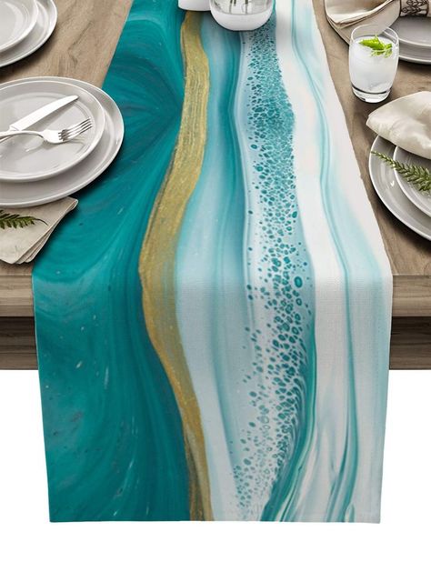 Big buy store Ombre Teal Watercolor Cotton Linen Table Runner Dresser Scarves, Modern Marble Pattern Rectangle Table Setting Covers for Party Holiday Wedding Farmhouse Kitchen Dinner -16 x 72 inch Table Party Decor, Turquoise Party, Family Dinner Party, Communion Table, Farmhouse Table Runners, Table Party, Burlap Table Runners, Pretty Decor, Marble Art