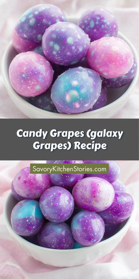 Looking to elevate your candy drink experience with a unique treat? Candy Grapes (Galaxy Grapes) are the perfect addition, combining sweetness and visual appeal! Be sure to save this recipe for your next celebration; your friends will love these vibrant, candy-coated grapes that are sure to impress! Cotton Candy Candied Grapes, Silky Gem Candy Recipe, Sugared Grapes How To Make, Baking With Grapes, Grape Snack Ideas, Desserts With Grapes, Kool Aid Grapes, Futuristic Food Ideas, Galaxy Grapes