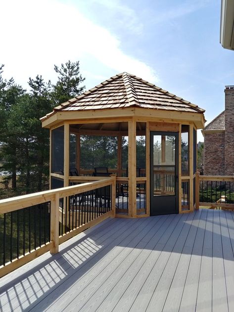 Home Garden decor ideas 2022 Gazebo Off House Deck, Round Screened In Porch, Deck With Attached Gazebo, Screened In Gazebo On Deck, Round Gazebo Decorating Ideas, Screened Gazebo Decorating Ideas, Decks With Gazebo Ideas, Deck And Gazebo Ideas, Round Gazebo Ideas