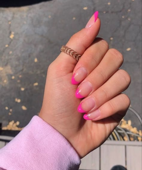 Prom Nails Hot Pink, Pink Acrylic Tips, Hot Pink Almond, Nail Designs Hot Pink, Nails Hot Pink, Almond Nails Pink, Pink Tip Nails, Hoco Nails, Pink French Nails