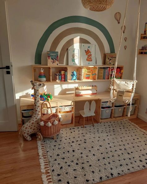 Jr One Bedroom Apartment Ideas, Small Bedroom And Playroom Combo, Toddler Room Shelves, Trofast Nursery, Kidsroom Ikea Room Ideas, Toddler Corner In Living Room, Hygge Kids Bedroom, Childroom Ideas, Tiny Toddler Room