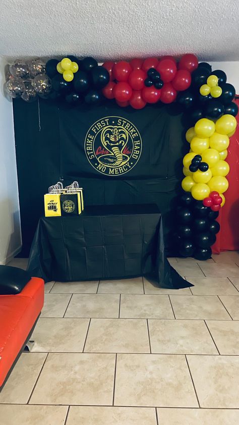 Cobra Kai Party Ideas, Cobra Kai Birthday Party Ideas, Cobra Kai Birthday Party, Cobra Kai Party, Corba Kai, Karate Birthday, 26 Birthday, Cheer Banquet, Kobra Kai