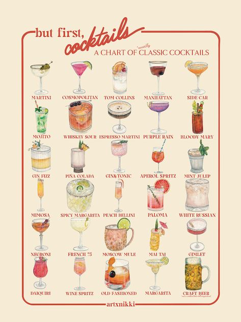 "but first cocktails" Art Poster (18"x24") – artxnikki Classic Cocktails Poster, Classic Drinks Cocktails, Drink Recipe Poster, Themed Cocktail Ideas, Specialty Drinks For Party, Cute Alcoholic Drinks, Vintage Cocktail Poster, Cocktails Painting, Types Of Martinis