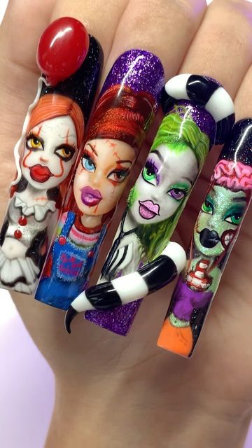 Pinhead Nails, The Terrifier Nails, Clown Inspired Nails, Horror Nail Art Designs, Nail Portrait Art, Character Halloween Nails, Chuckie Nails, Cartoon Themed Nails, Clown Nails Halloween