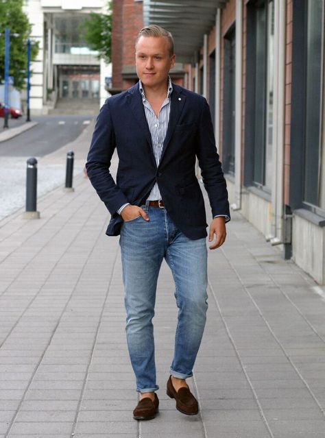 Elevate your everyday style with a crisp navy blazer and playful blue striped shirt, paired with comfortable blue jeans and refined brown suede loafers - a perfect mix for both office and leisure. Suede Loafers Men Outfit, Denim Jeans Outfit Men, Loafers Men Outfit, Denim Jeans Outfit, Blue Suede Loafers, Relaxed Dress, Brown Suede Loafers, Jeans Outfit Men, Jeans Brown