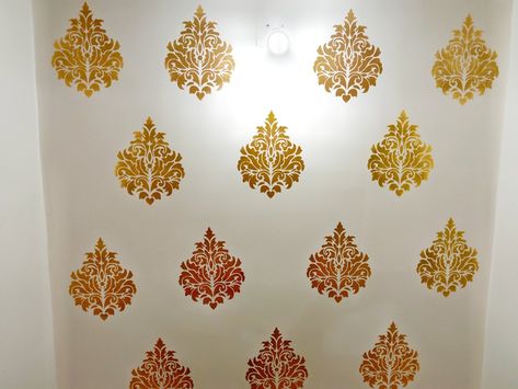 Metalic golden wall stencil, with base of plastic wall paint. Wall Designs For Hall, Asian Paint Design, Stencil Wall Art, Golden Wall, Asian Paints, Wall Painting Decor, Painting Decor, Wall Stencil, Paint Design