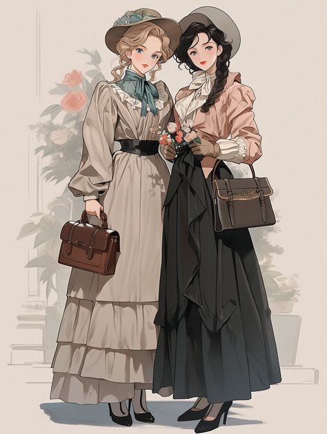 French Fantasy Clothes, 1800s Character Design, Victorian Era Character Design, 1800s Outfits, Victorian Dress Drawing, Victorian Character Design, Victorian Anime, Victorian Fashion Women, Magical Clothes