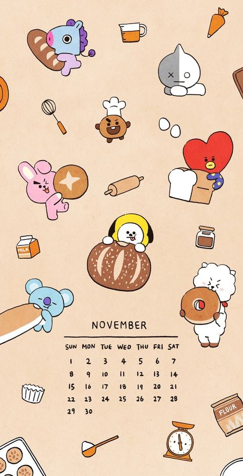 BT21 on Twitter: "Ahh November, where happiness is born and bread. 🍞 #November #Calendar #Wallpaper #Baking #Illustration #Artwork #Bread #CuteWallpaper #Foodie #Characters #BT21… https://t.co/I4GaPyogwv" Bt21 Calendar, November Calendar Wallpaper, Bts Calendar, November Wallpaper, Wallpaper Islami, November Calendar, 달력 디자인, Cute Calendar, Bts Wallpaper Lyrics