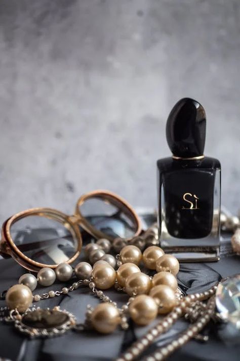 Giorgio Armani Bottle Surrounded by Pearl Accessories and Eyeglasses · Free Stock Photo Armani Aesthetic, Armani Si, Clean Girl Aesthetic, Pearl Accessories, Signature Fragrance, Dream Style, Luxury Perfume, Jewel Box, Clean Girl