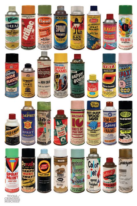 Amazing Collection of Vintage Spray Paint Cans from artist Roger Gastman's book, Tools of Criminal Mischief Spray Paint Cans, Retro Images, Vintage Packaging, Call Art, Packaging Labels Design, Bear Art, Spray Can, Vintage Labels, Paint Cans