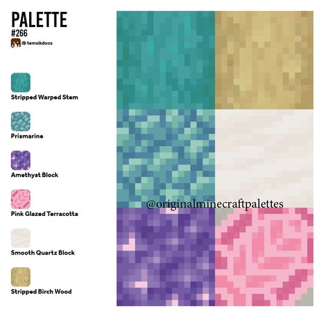 Minecraft Color Palette Prismarine, Minecraft Building Color Palette, Minecraft Colourful Builds, Minecraft One Block Island Ideas, Minecraft Block Palette Dark, Minecraft Colorful Houses, Minecraft House Color Palette, Minecraft Palates, Colorful Minecraft Builds