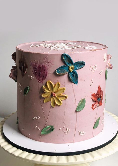 Mauve Buttercream, Decorating With Buttercream Frosting, Buttercream Cake Ideas, Buttercream Daisy, Flower Cake Ideas, Cake Daisy, Cake Korea, Korea Cake, Different Types Of Cakes