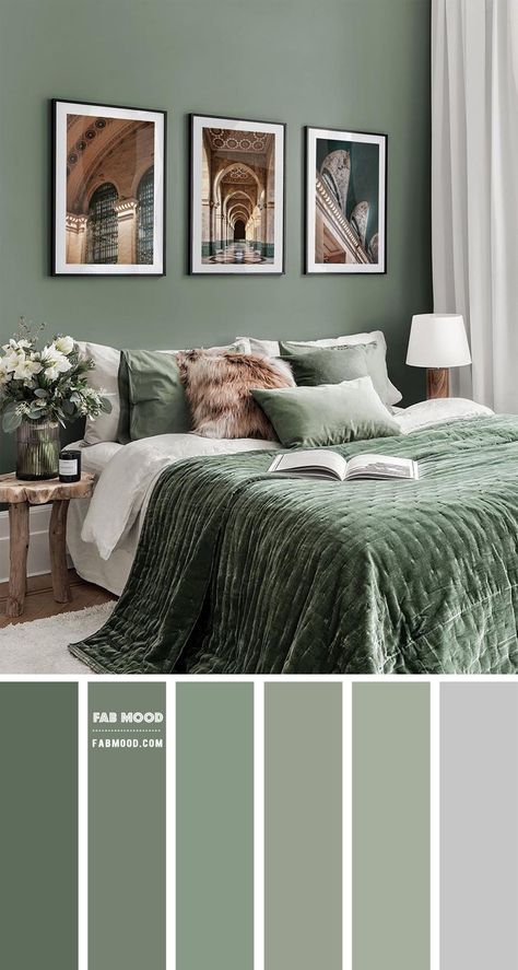 9. Sage Green Bedroom Looking for calming and soothing bedroom colours? Look no further than sage green! Sage green can be a good colour... Interior Design Styles Guide, Beautiful Bedroom Colors, Best Bedroom Colors, Bedroom Color Combination, Popular Interior Design, Sage Green Bedroom, Gray Walls, Traditional Interior Design, Room Color Schemes