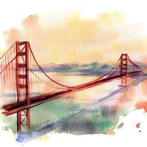 Golden Gate Watercolor, San Francisco Watercolor Painting, San Francisco Bridge Drawing, Watercolor San Francisco, Golden Gate Bridge Watercolor, Golden Gate Bridge Drawing, Watercolor Bridge, Golden Gate Bridge Painting, Bridge Watercolor