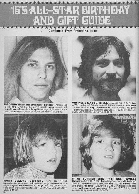 "16's All-Star Birthday and Gift Guide" - Jim Dandy, Michael Brandon, Jimmy Osmond, Brian Forster - 16 Magazine - April, 1974 Jimmy Osmond, Jim Dandy, 16 Magazine, Star Birthday, Outlaw Country, Southern Rock, Partridge, Dandy, Old Photos