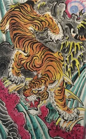 Crouching Tigers Obscured Dragons by Tim Lehi Yokai Parade, Tim Lehi, Painting Plates, Japanese Tiger Tattoo, Crouching Tiger, Japanese Tiger, Tiger Painting, Japanese Drawings, Japanese Art Prints