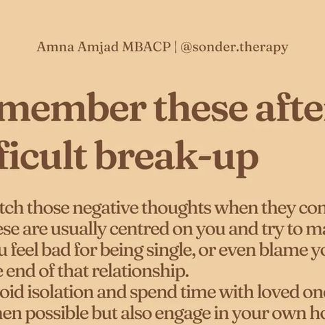 Amna - Therapist (MBACP) + Relationship therapist trainee on Instagram: "A mid-week reminder of some of the things we can try and implement after a break-up. Essentially how do we manage both the internal and external and improve these where possible to help maximise any feel-good feelings throughout our day to day? Our external could be related to our environment, the people we surround ourselves by, the new spaces we try and enter. The internal, which a part of me feels is perhaps the most After A Break Up, Growth And Healing, Difficult Relationship, Relationship Therapy, Break Up, Being Single, Unhealthy Relationships, Making Space, Relationship Coach