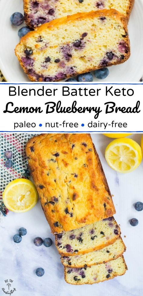 Enjoy this easy Blender Batter Keto Lemon Blueberry Bread as a nut-free, dairy-free, paleo breakfast, snack, or dessert! It's protein packed to keep you full and your blood sugar stable. Plus, lots of fiber and flavor! It's definitely a must-make low-carb treat! #allthenourishingthings #lemon #lemonbread #keto #paleo #nutfree #dairyfree #blueberries #grainfree Keto Lemon Blueberry, Atkins Desserts, Lemon Recipes Healthy, Paleo Snack, Alternative Sweeteners, Vegan Steak, Desayuno Keto, Flour Bread, Keto Baking