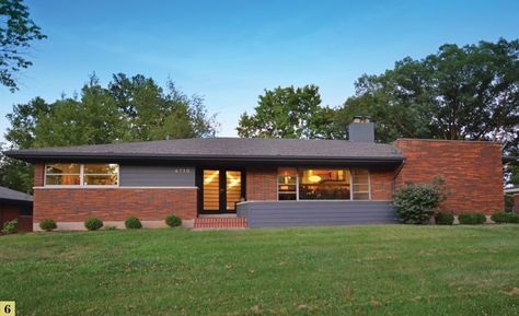 Midcentury Brick Ranch, Mid Century Exterior Brick, Mid Century Modern Home Exterior Update, Mid Century Modern Ranch Remodel, Mcm Ranch Exterior, Mid Century Rambler Exterior, Mid Century Modern Brick House, Midcentury Modern Brick Exterior, Midcentury Brick Exterior