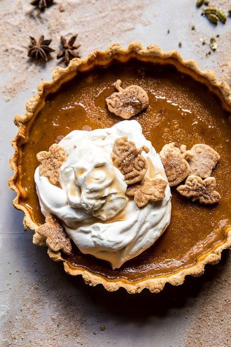 Chai Pumpkin Pie with Maple Whipped Cream Chai Pumpkin Pie, Maple Pumpkin Pie, Maple Whipped Cream, Pie Pops, Maple Pumpkin, Chocolate Crust, Slow Cooker Desserts, Thanksgiving Pies, Half Baked