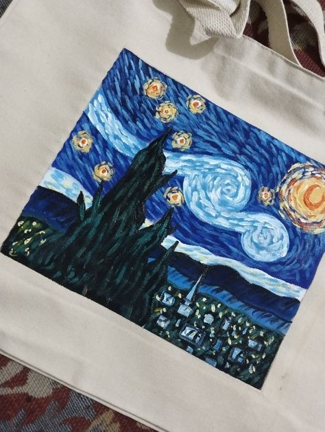 Starry Night Tote Bag, Mom Nails, Handpainted Tote, Diy Tote Bag Design, Painted Canvas Bags, Handpainted Tote Bags, Bag Designs, Diy Tote Bag, Canvas Bags