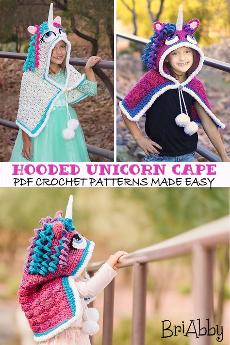 Hooded capelets are the new big thing in fashion. Crochet this beautiful hooded unicorn cape for that special girl in your life. The pattern is easy and made up of basic stitches. It can also be turned into their favorite pony! #CrochetUnicorn #BriAbby #HoodedUnicornPattern #CrochetUnicornHood #CrochetPony #EasyCrochetPattern #CrochetForGirls #UnicornHat #CrochetAnimal #CuteCrochetPattern #GirlyCrochet #CrochetCowl #CrochetShawl #CrochetPoncho #CrochetCloak #PopularCrochetPattern #GIftsForGirls Hooded Capelet Pattern, Pokémon Hat, Hooded Cape Pattern, Hooded Capelet, Crochet Capelet Pattern, Crochet Unicorn Blanket, Crochet Pony, Capelet Pattern, Doll Softie