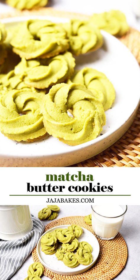 If you love matcha, then these Matcha Butter Cookies are for you! These cookies are crisp with a tender crumb and a really distinct matcha flavor. Matcha Wreath Cookies, Matcha Butter Cookies, Matcha Recipe Baking, Viennese Cookies, Matcha Butter, Cake Flour Substitute, Maple Cookies, Matcha Cookies, Raspberry Cookies