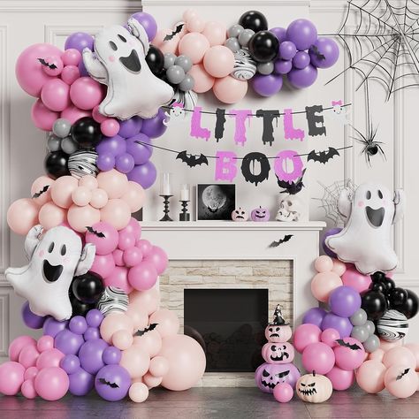 Halloween First Birthday, October Baby Showers, Halloween Gender Reveal, Halloween 1st Birthdays, Halloween Balloon, Halloween Baby Shower Theme, Halloween Balloons, Purple Balloons, Garland Arch