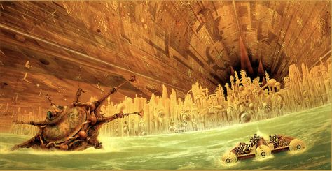 JIM BURNS - Alien Landscape - Illustration for Rendezvous with Rama by Arthur C. Clarke - item by lcart3.narod Rendezvous With Rama, Horror Fantasy Art, Space Opera Art, 70s Sci Fi, Vintage Scifi, Alien Landscape, Scifi Horror, Arthur C Clarke, Retro Scifi