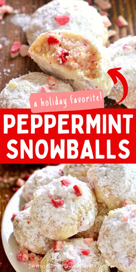 Peppermint Snowball Cookies are the perfect holiday twist on the classic snowball cookie! Packed with delicious peppermint flavor and just the right amount of crunch, this easy cookie recipe is a must make for your holiday baking! Peppermint Crunch Balls, Peppermint Puff Cookies, Peppermint Snowball Cookies, Peppermint Meltaway Cookies, Peppermint Snowballs, Peppermint Desserts, Snowball Cookie, Peppermint Crunch, Snowballs Recipe