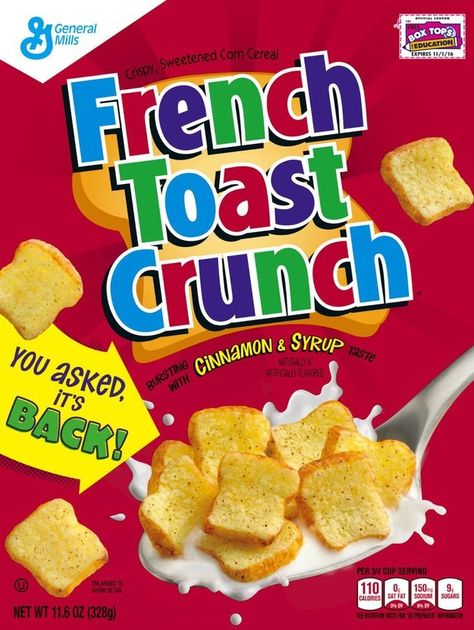 Now, one iconic ’90s cereal is coming back to shelves … click to find out what it is. | You'll Never Guess Which Discontinued Cereal Is Back 2000s Food, French Toast Crunch, Cereal Box Design, Discontinued Food, Corn Cereal, Cereal Packaging, Paper Squishy, Crunch Cereal, Professional Cooking