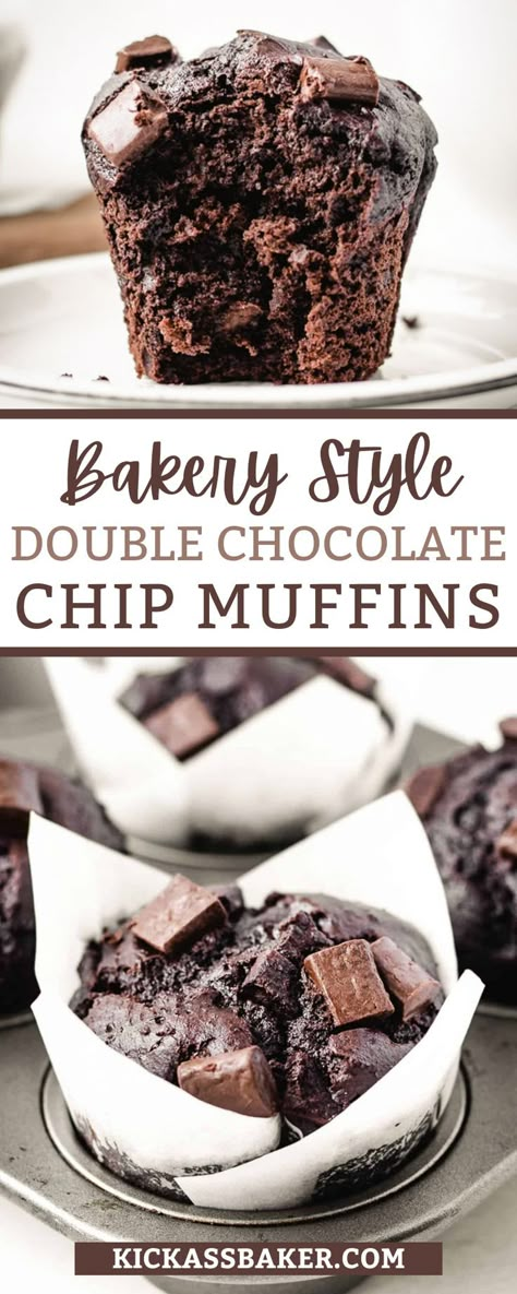 Double Chocolate Chip Muffin Recipe, Choc Muffins, Choc Chip Muffins, Bakery Muffins, Double Chocolate Chip Muffins, Chocolate Chip Muffin Recipe, Chocolate Muffin Recipe, Bakery Style Muffins, Simple Muffin Recipe