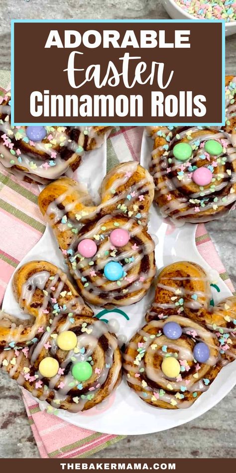 Adorable Easter Cinnamon Rolls are just too cute! Shape homemade or store-bought cinnamon roll dough into a bunny face with ears before baking them. Then decorate them with a some festive sprinkles and some candies for an extra special Easter breakfast treat. After baking, immediately sprinkle with festive sprinkles and garnish with two round candies for the eyes and one round candy for the nose. Bunny Cinnamon Rolls, Bunny Desserts, Spring Cupcakes, Cinnamon Roll Dough, Easter Breakfast, Cute Shape, Spring Cookies, Cinnamon Rolls Homemade, Delicious Donuts