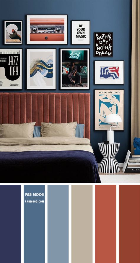 Color inspiration Archives - Fabmood | Wedding Colors, Wedding Themes, Wedding color palettes Blue Bed Wall Color, Denim Blue Bedroom Walls, Rust Colored Bedroom Walls, Rust Colored Bed, Terracotta Blue Interior, Blue Color Combinations Bedrooms, Dark Denim Color Palette, Dusty Blue And Rust Color Palette, Terracotta Blue Color Palettes