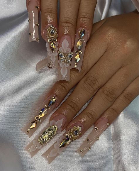 Nails Blinged Out, Nails With The Virgin Mary, Virgin Mary Nails Long, Our Lady Of Guadalupe Nails, Virgen Acrylic Nails, Long Latina Nails, Mary Nails, Virgin Nails, Acrylic Nails Gold