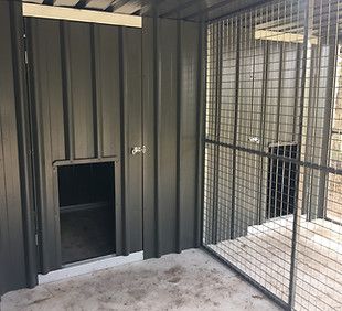 Steel Dog kennel with mesh run Door Sheds, Doggie Door, Roller Door, Cat Enclosures, Custom Sheds, Pet Enclosure, Dog Kennels, Dog Kennel Outdoor, Roller Doors