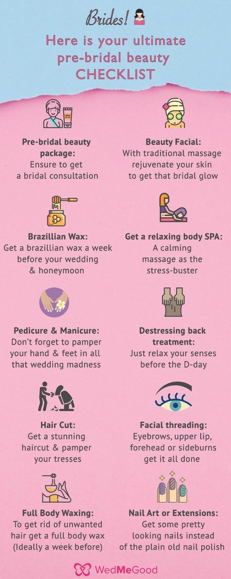 Your To Dos: Have You Checked This Pre-Bridal Beauty Checklist? See more on wedmegood.com  #wedmegood #indianwedding #indianbride #beauty #beautytips #beautyhacks #prebridalpackage #checklist #bridalinspiration #facialmassage #waxing #massage #massagetherapy #massagetips #pedicureideas #pedicures #manicure #brazillianwax #bridaltips #bridalhacks #weddingtips #weddinghacks #hair #haircuts #hairstyles #threading #nailart #nails #nailextensions Bride Self Care Timeline, Bridal Checklist Indian, Wedding Preparation Checklist Bridal Beauty, Pre Wedding Preparation Brides, Pre Wedding Beauty Checklist, Indian Wedding Planning Checklist, Bridal Beauty Checklist, Bridal Shower Timeline, Pre Bridal Packages