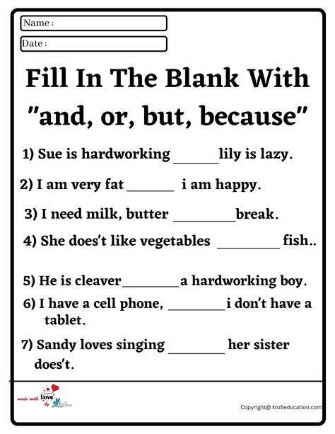 Fill In The Blank With and, or, but, because Worksheet 2 | FREE Download  Check more at https://kto5education.com/fill-in-the-blank-with-and-or-but-because-worksheet-2/ Birds Kindergarten Activities, Birds Kindergarten, Homeschooling 2nd Grade, Conjunctions Worksheet, Kindergarten Colors, English Worksheets For Kindergarten, Writing Practice Worksheets, Kindergarten Reading Worksheets, English Worksheets For Kids